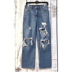 Hollister Ultra High-Rise Dad Jeans 4R W27 Blue Distressed Ripped Straight Leg